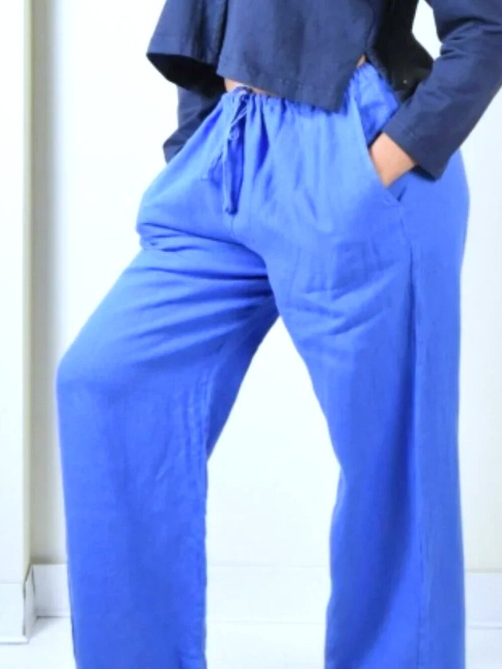 Linen Blend High Waist Baggy Casual Pants Blue Sz S